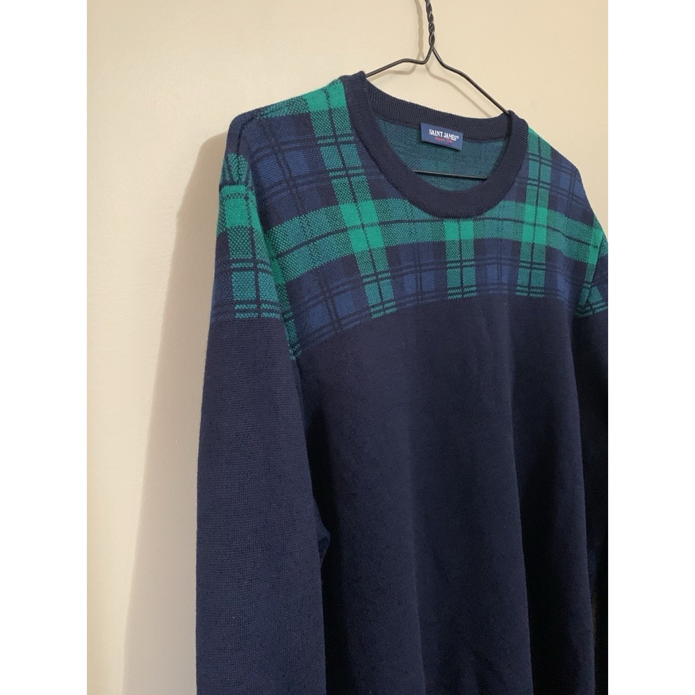 Saint James Sweater‎ New Wool Navy Green Plaid Elbow Patches Men's  Size 48 - Picture 4 of 16